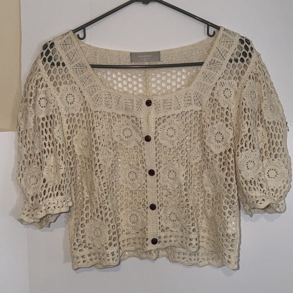 Chic Cream Crochet Button-Up Blazer - Picture 9 of 9